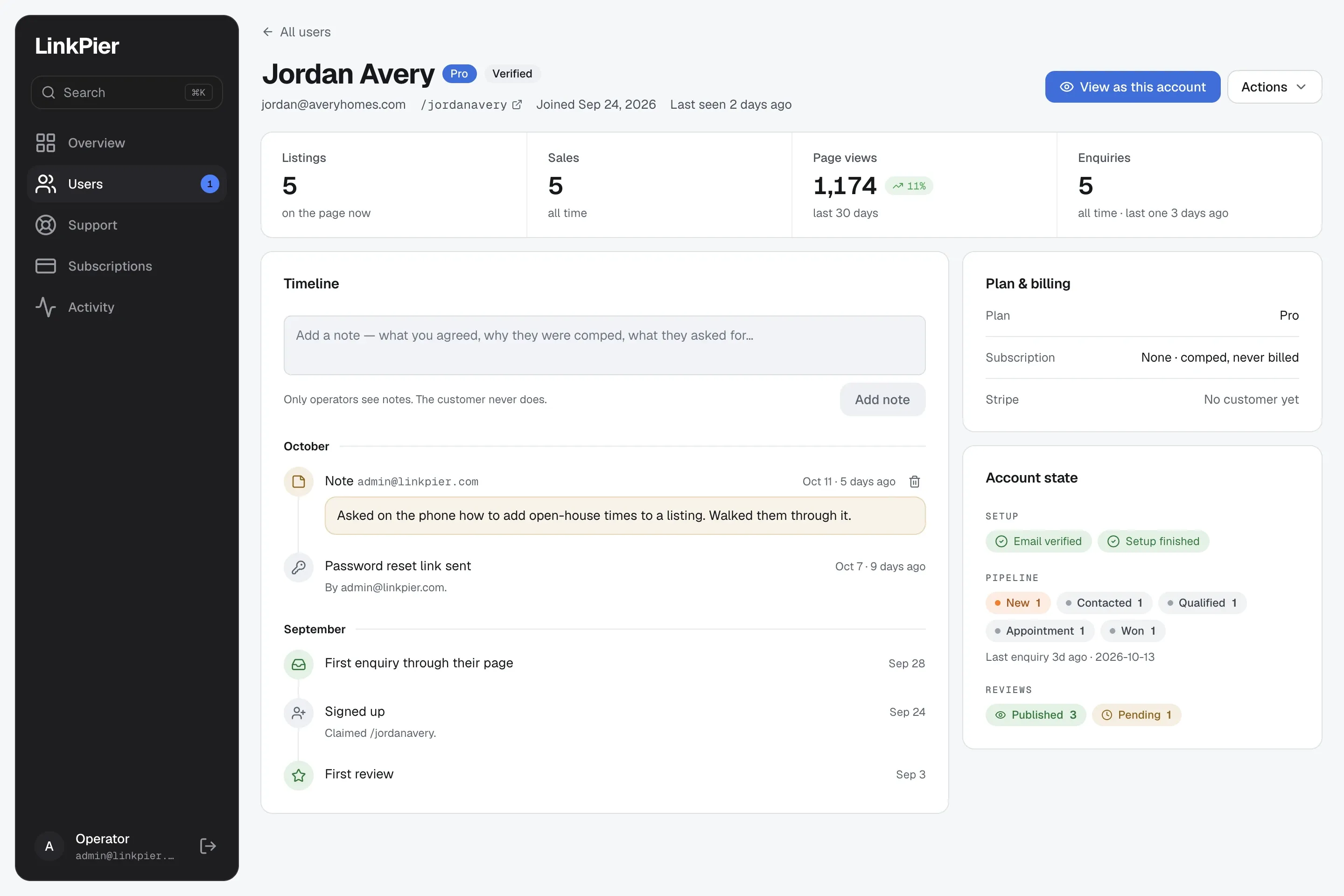 An agent's account in the operator console