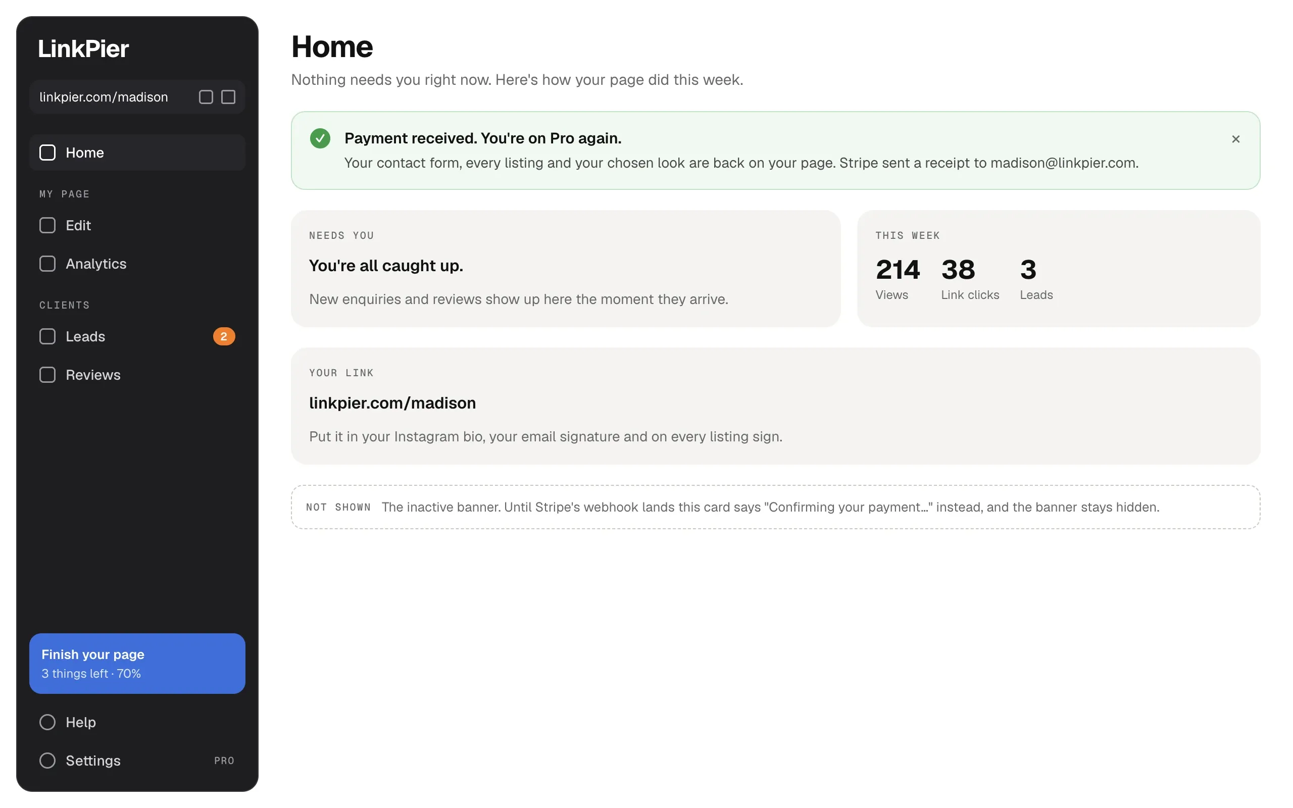 The agent's dashboard home