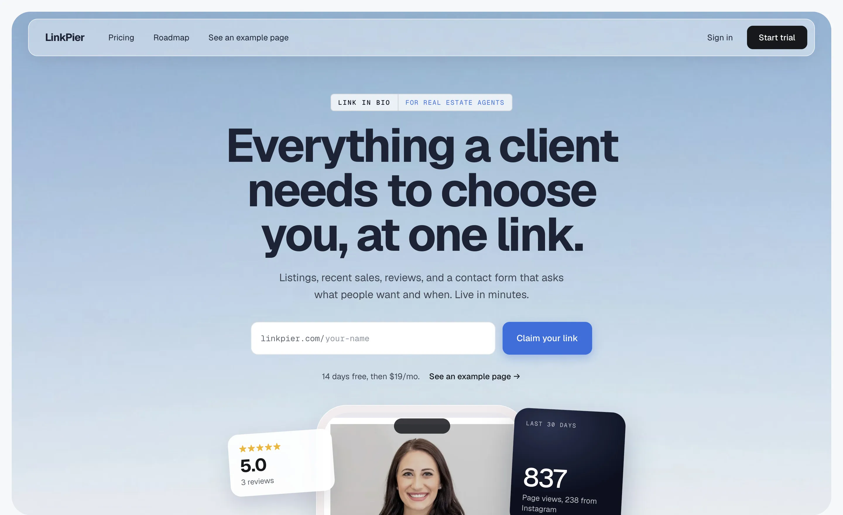 LinkPier homepage: Everything a client needs to choose you, at one link.