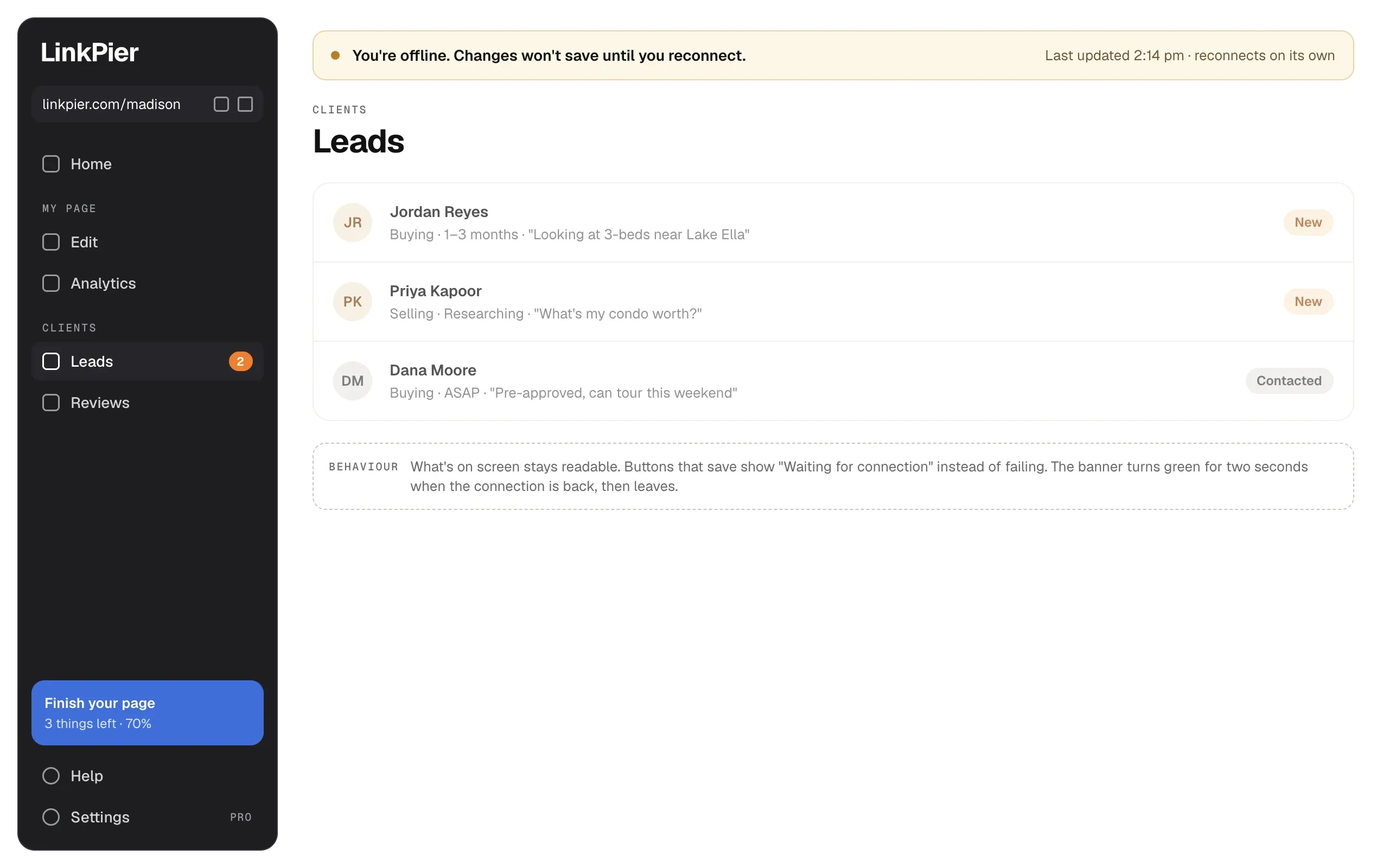 Offline in the dashboard