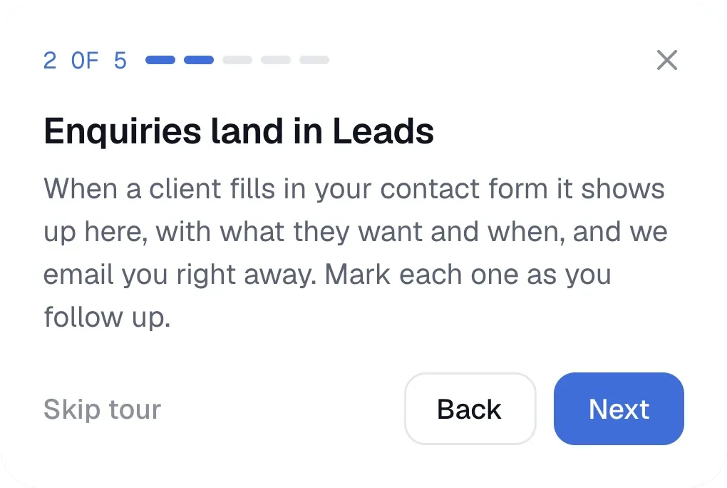 Tour step 2: Enquiries land in Leads